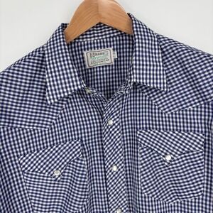 Vintage 60s 70s H Bar C Pearl Snap Shirt Mens 17-35 Blue Gingham Plaid USA Made